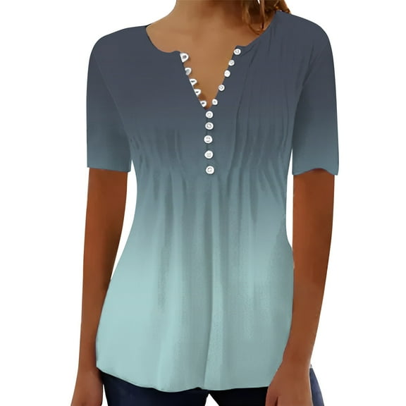 Delayuji Summer Tops for Women 2025 Trendy Boho Floral Print Tunic Shirts Short Sleeve V Neck Tshirt Casual Loose Blouse Blue L Polyester,Spandex Short Sleeve Shirts for Women