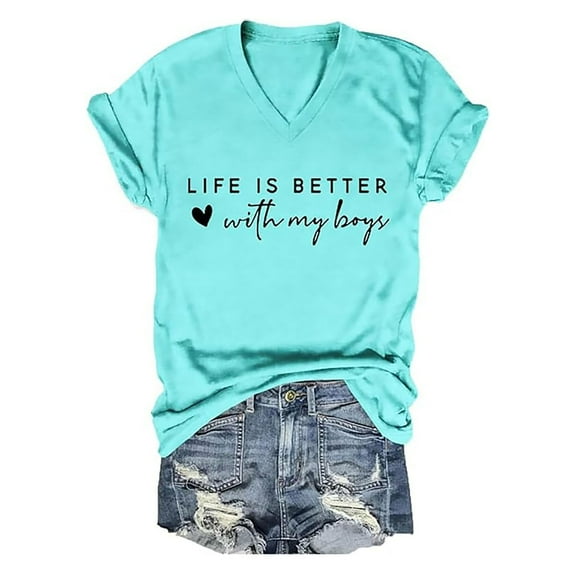 Delayuji Summer V Neck Short Sleeved Life Is Better with My Alphabet T Shirt Black L Polyester,Spandex Short Sleeve Shirts for Women