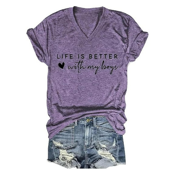 Delayuji Summer V Neck Short Sleeved Life Is Better with My Alphabet T Shirt Purple M Polyester,Spandex Short Sleeve Shirts for Women
