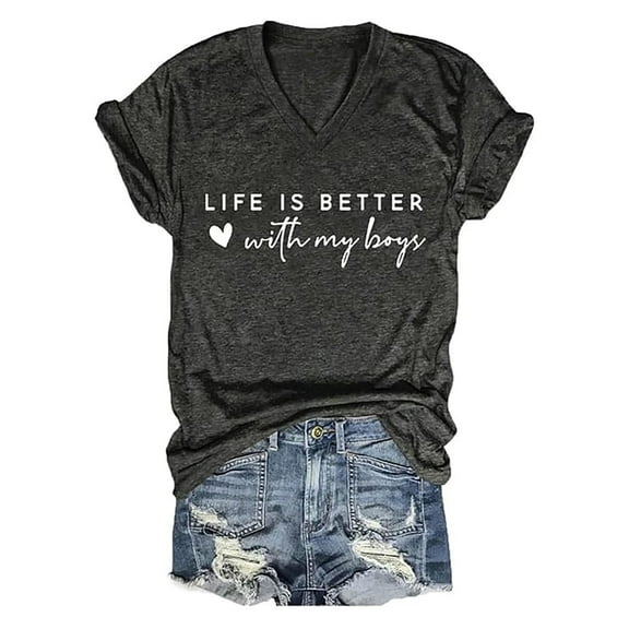 Delayuji Summer V Neck Short Sleeved Life Is Better with My Alphabet T Shirt White Xxl Polyester,Spandex Short Sleeve Shirts for Women