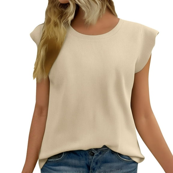 Delayuji Tank Top for Women Trendy Sleeveless Loose Ruffle Sleeve Casual Basic Summer Spring Tops Beige Xl Polyester Short Sleeve Shirts for Women
