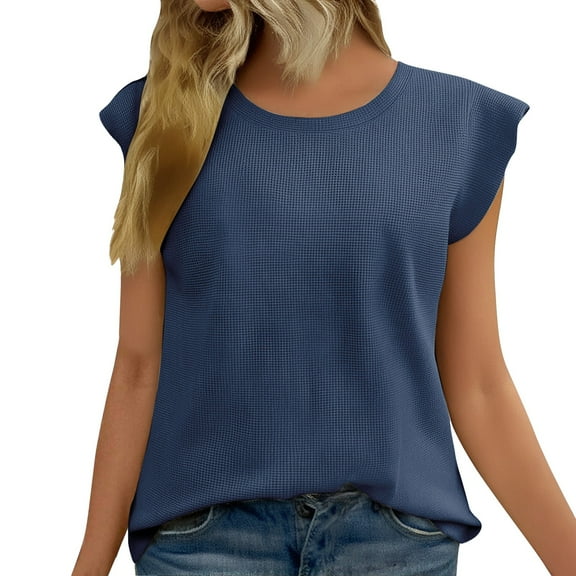Delayuji Tank Top for Women Trendy Sleeveless Loose Ruffle Sleeve Casual Basic Summer Spring Tops Blue Xxl Polyester Short Sleeve Shirts for Women