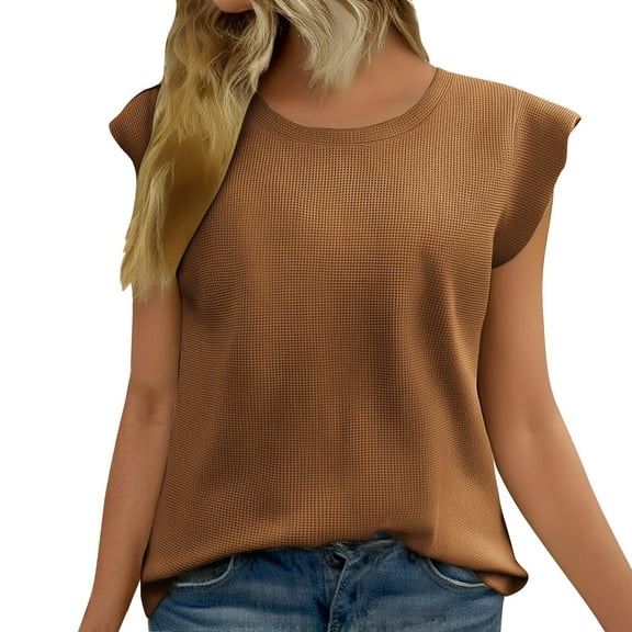 Delayuji Tank Top for Women Trendy Sleeveless Loose Ruffle Sleeve Casual Basic Summer Spring Tops Brown Xxl Polyester Short Sleeve Shirts for Women