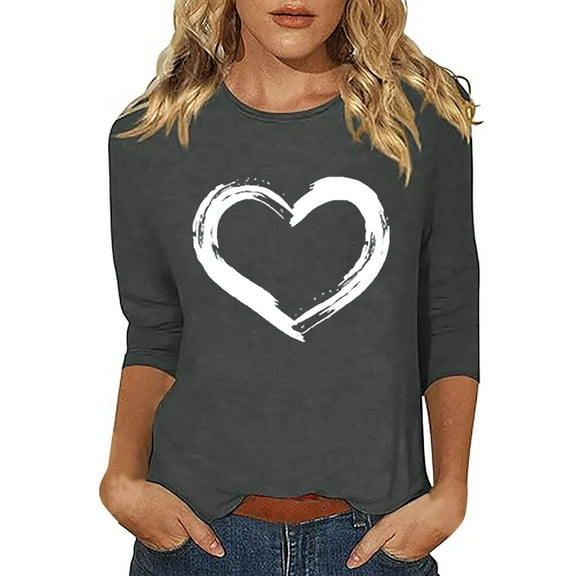 Delayuji Valentine Tops Women Casual Plus Size 3/4 Sleeve Tee Summer Fashion Trendy Clothes Cute Heart Printed Blouses 2025 Gray Xxl Polyester,Spandex Short Sleeve Shirts for Women