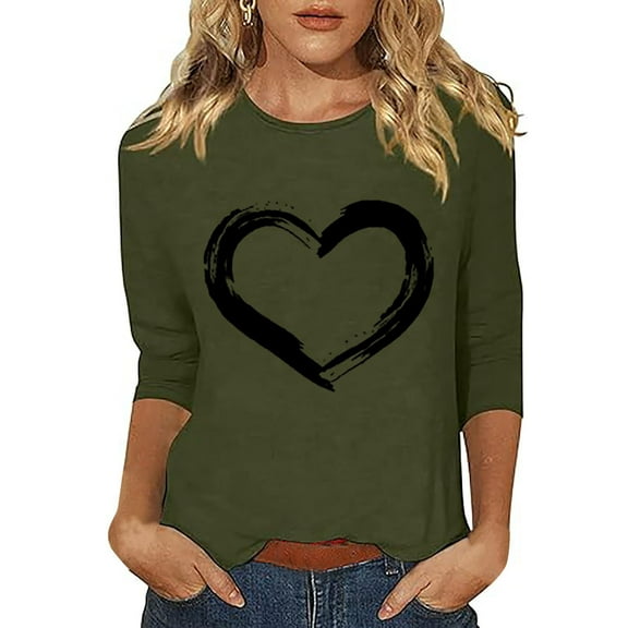 Delayuji Valentine Tops Women Casual Plus Size 3/4 Sleeve Tee Summer Fashion Trendy Clothes Cute Heart Printed Blouses 2025 Green Xl Polyester,Spandex Short Sleeve Shirts for Women