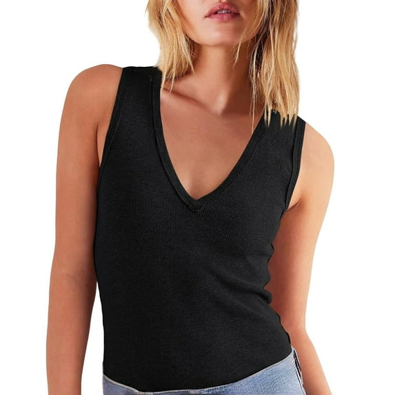 Delayuji Women 2025 Casual Soft Loose Spring Summer V Neck Sleeveless Tee Shirts Basic Trendy Outfits Clothes Black L Cotton Spring Tops for Women