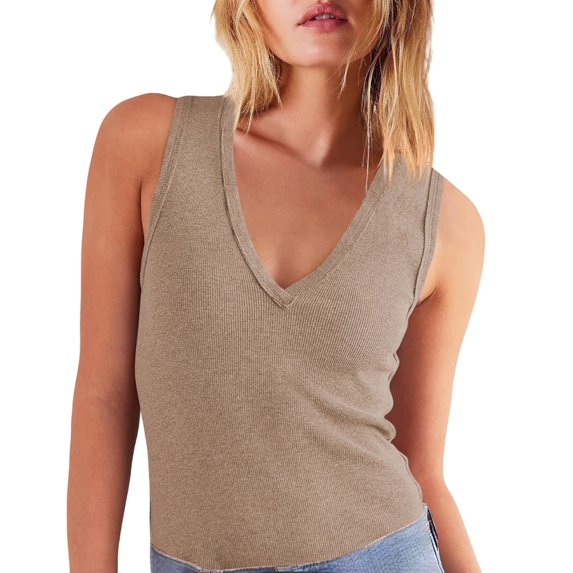Delayuji Women 2025 Casual Soft Loose Spring Summer V Neck Sleeveless Tee Shirts Basic Trendy Outfits Clothes Brown M Cotton Spring Tops for Women
