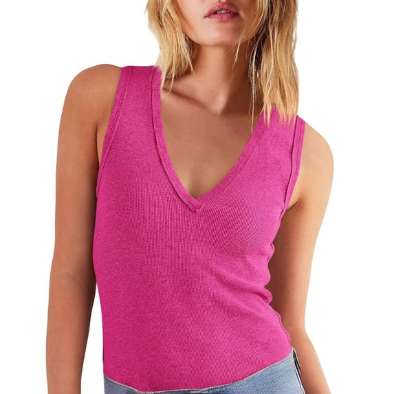 Delayuji Women 2025 Casual Soft Loose Spring Summer V Neck Sleeveless Tee Shirts Basic Trendy Outfits Clothes Pink S Cotton Spring Tops for Women