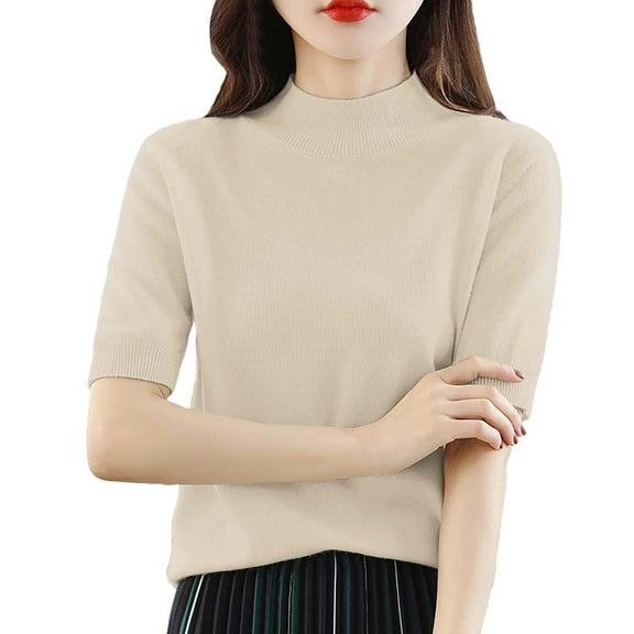 Delayuji Women Base Sweater Solid Crewneck Knitwear Short Sleeve Pullover Slim Knitted Bottoming Shirt for Autumn Winter Beige L Knit Short Sleeve Shirts for Women