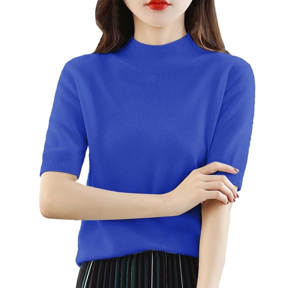 Delayuji Women Base Sweater Solid Crewneck Knitwear Short Sleeve Pullover Slim Knitted Bottoming Shirt for Autumn Winter Blue M Knit Short Sleeve Shirts for Women