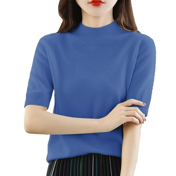 Delayuji Women Base Sweater Solid Crewneck Knitwear Short Sleeve Pullover Slim Knitted Bottoming Shirt for Autumn Winter Blue Xl Knit Short Sleeve Shirts for Women