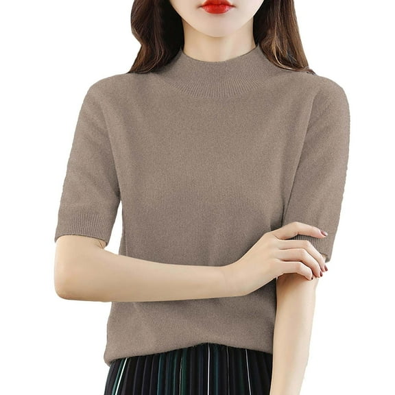 Delayuji Women Base Sweater Solid Crewneck Knitwear Short Sleeve Pullover Slim Knitted Bottoming Shirt for Autumn Winter Brown M Knit Short Sleeve Shirts for Women