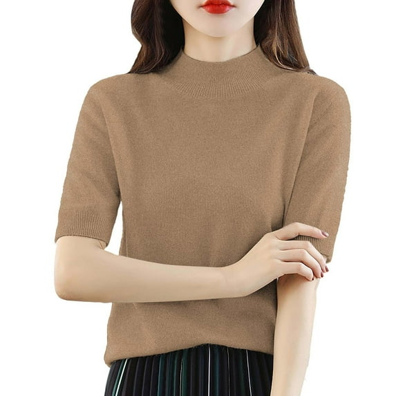Delayuji Women Base Sweater Solid Crewneck Knitwear Short Sleeve Pullover Slim Knitted Bottoming Shirt for Autumn Winter Gold M Knit Short Sleeve Shirts for Women