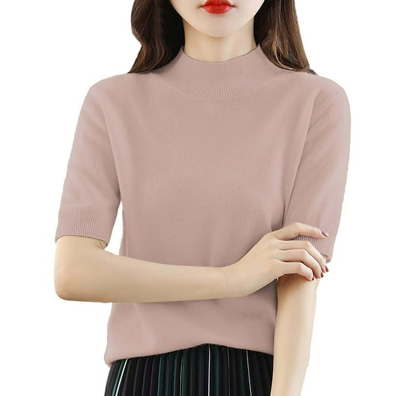 Delayuji Women Base Sweater Solid Crewneck Knitwear Short Sleeve Pullover Slim Knitted Bottoming Shirt for Autumn Winter Pink M Knit Short Sleeve Shirts for Women