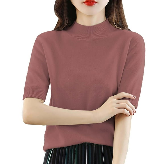 Delayuji Women Base Sweater Solid Crewneck Knitwear Short Sleeve Pullover Slim Knitted Bottoming Shirt for Autumn Winter Red M Knit Short Sleeve Shirts for Women