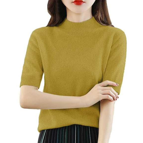 Delayuji Women Base Sweater Solid Crewneck Knitwear Short Sleeve Pullover Slim Knitted Bottoming Shirt for Autumn Winter Yellow M Knit Short Sleeve Shirts for Women