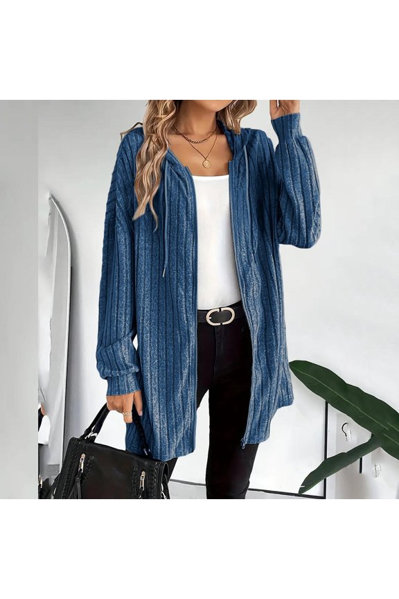Women Cardigans Knitted Jacket Zip Up Hooded Sweatshirt Drawsting Long Coat Loose Jumper Fall Outwear Casual Sweater Spring