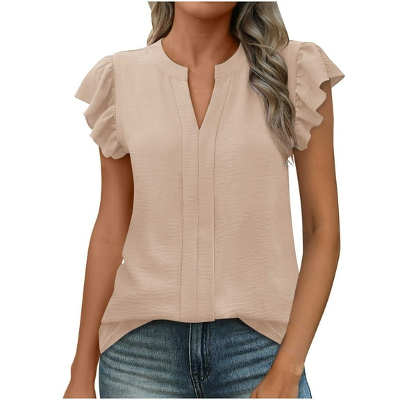 Delayuji Women Casual Blouse Ruffle Sleeve V Neck Textured Shirts 2025 Summer Business Work Tops Beige L Chiffon Short Sleeve Shirts for Women
