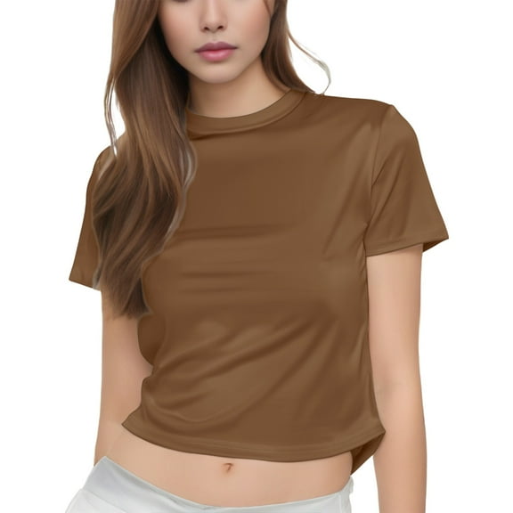 Delayuji Women Casual Short Sleeve T Shirts Summer Crewneck Tshirts Cute Tee Basic Crop Tops Brown S Polyester,Spandex Short Sleeve Shirts for Women