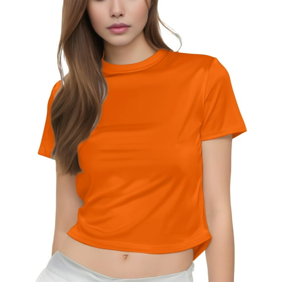 Delayuji Women Casual Short Sleeve T Shirts Summer Crewneck Tshirts Cute Tee Basic Crop Tops Orange L Polyester,Spandex Short Sleeve Shirts for Women
