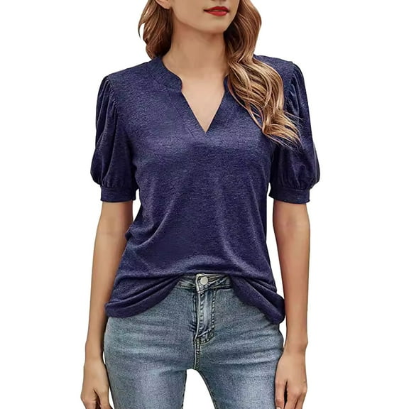 Delayuji Women Casual V Neck T Shirts Loose Puff Short Sleeve Tops Tunic Blouses Blue L Cotton Short Sleeve Shirts for Women