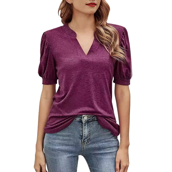Delayuji Women Casual V Neck T Shirts Loose Puff Short Sleeve Tops Tunic Blouses Red S Cotton Short Sleeve Shirts for Women