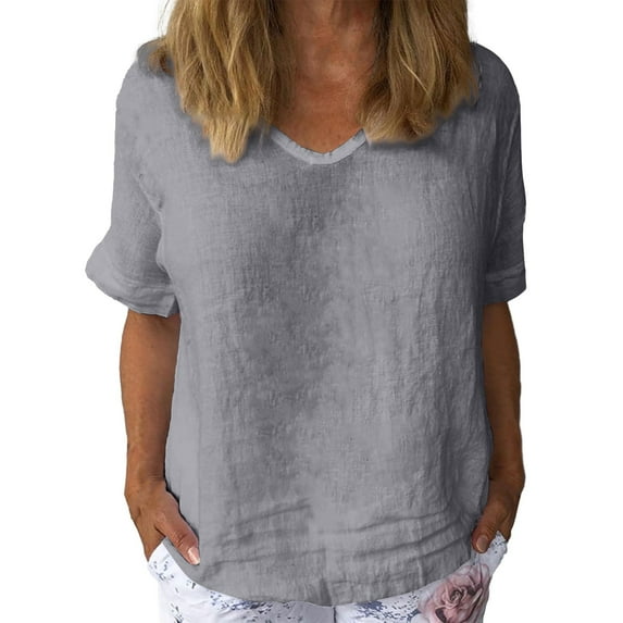 Delayuji Women Cotton and Linen Flower Art Short Sleeve V Neck Clause Shirt Gray Xl Polyester,Spandex Short Sleeve Shirts for Women