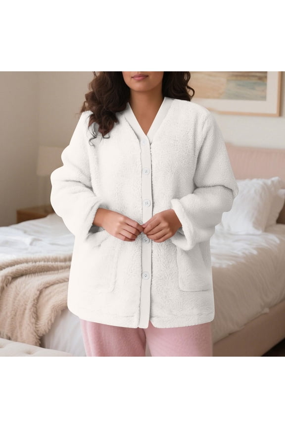 Women Fuzzy Fleece Jacket Pajama Tops Button Down Coat Sleepwear Plush Solid Color Loungewear Warm Winter Coat