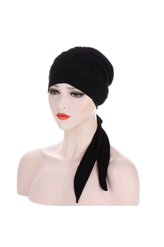 Women Head Wrap Solid Color Muslim Ruffle Cancer Chemo Hat Beanie Wrap Cap Black One Size