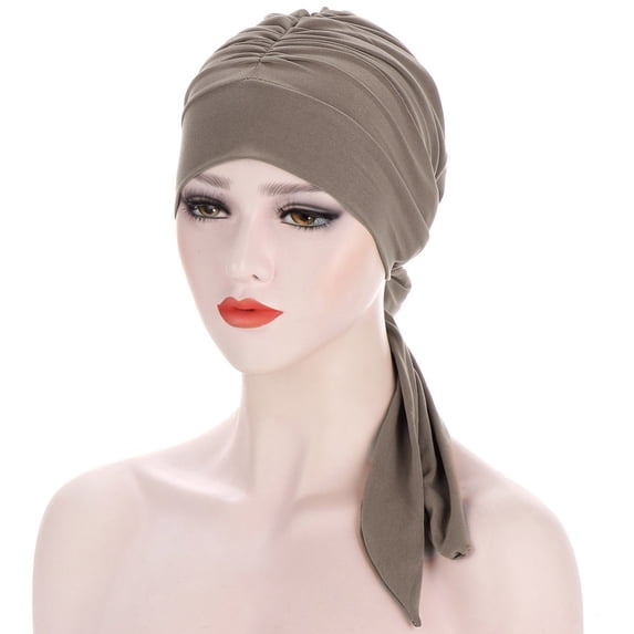 Delayuji Women Head Wrap Solid Color Muslim Ruffle Cancer Chemo Hat Beanie Wrap Cap Khaki One Size