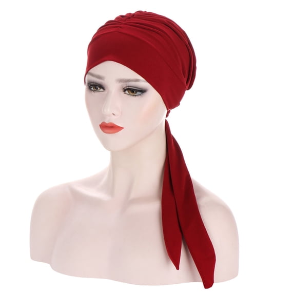 Delayuji Women Head Wrap Solid Color Muslim Ruffle Cancer Chemo Hat Beanie Wrap Cap Wine One Size