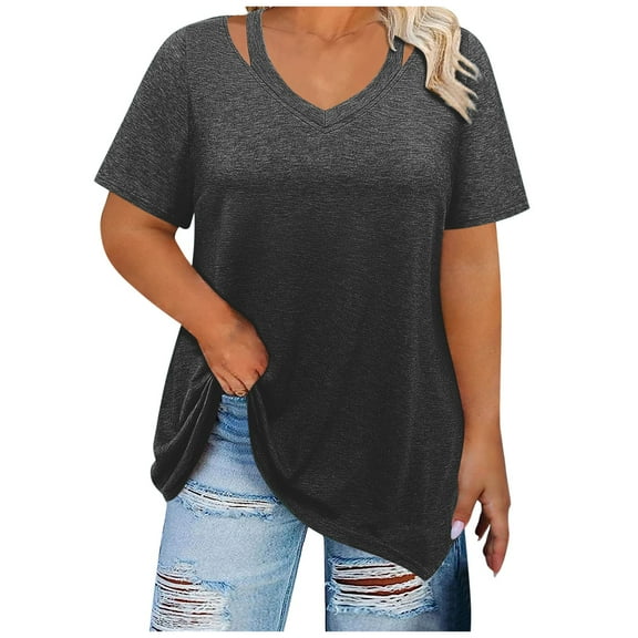 Delayuji Women Plus Size Tops Cut Out V Neck 3/4 Sleeve Blouses Casual Tunic Tops To Wear with Leggings Black L Polyester,Spandex Short Sleeve Shirts for Women