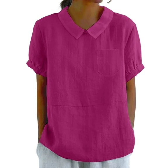 Delayuji Women with Pockets Breathable Cotton Linen Loose Large Size Slimming Lapel Shirt Short Sleeve Top Pink Xxl Hemp Short Sleeve Shirts for Women