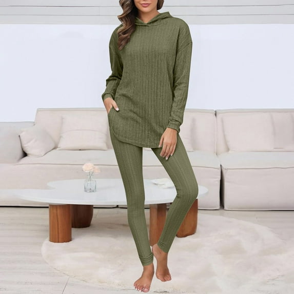 Delayuji Women's 2 Piece Pajamas Sets Outfits Ribbed Knit Set Lightweight Tops and Stretchy Leggings Pants Sets Loungewear Sleepwear