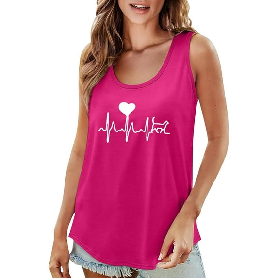 Delayuji Women's 2025 Popular Round Neck Short Sleeved 2D Printed Casual Loose and Versatile Vest Suspender Pink Xl Polyester,Spandex Spring Tops for Women