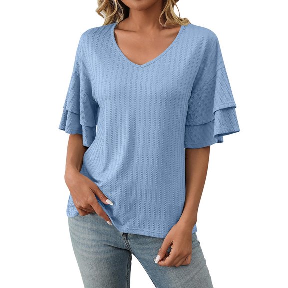 Delayuji Women's 2025 Spring and Summer New Solid Color V Neck Sleeve Short Sleeved T Shirt Top for Women's Short Sleeved T Shirt Black L Knit Short Sleeve Shirts for Women