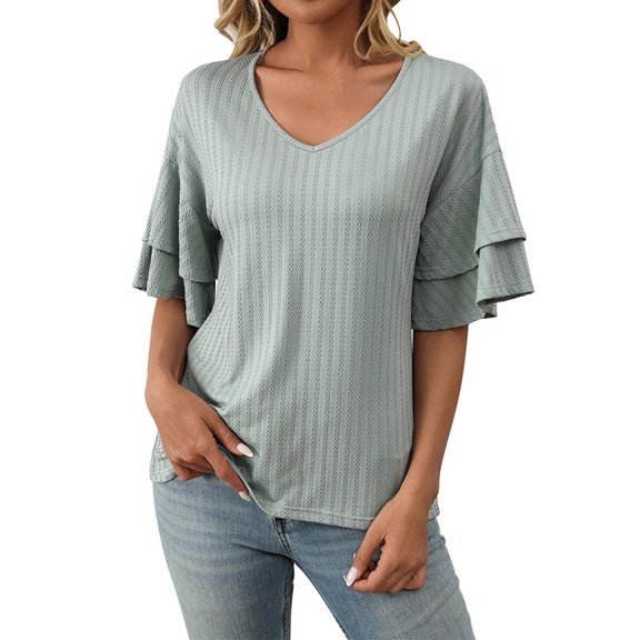 Delayuji Women's 2025 Spring and Summer New Solid Color V Neck Sleeve Short Sleeved T Shirt Top for Women's Short Sleeved T Shirt Green L Knit Short Sleeve Shirts for Women