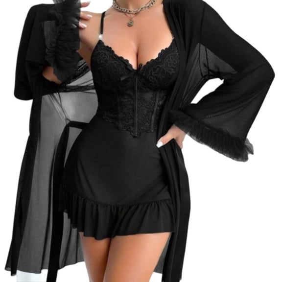 Delayuji Women's 3 Piece Nightgown Set Lace Bralette Sleepwear Nightwear Lightweight Sleep Dress