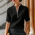 thumbnail image 1 of Delayuji Women's Blouse Stand Collar Contrasting Colors Short Sleeve Shirt Business Casual Outfits Laides Blouse Tshirt Shirt for Women Work Shirt Black L, 1 of 5