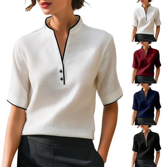 Delayuji Women's Blouse Stand Collar Contrasting Colors Short Sleeve Shirt Business Casual Outfits Laides Blouse Tshirt Shirt for Women Work Shirt White M