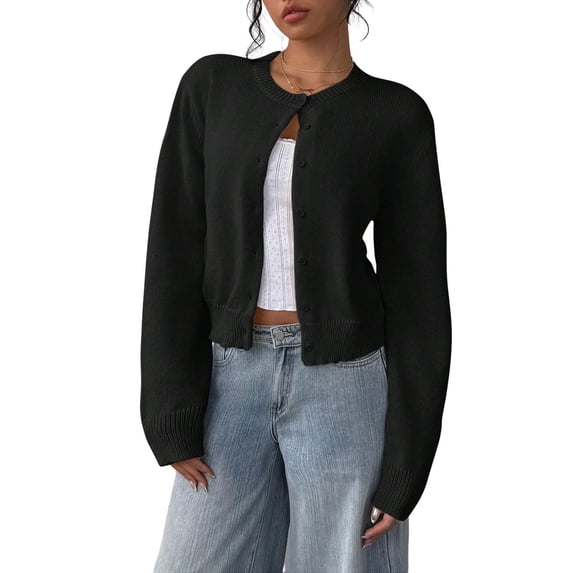 Delayuji Women's Button Down Cardigan Sweater Long Sleeve Crewneck Crop Cardigan Sweater Cute Knit Cardigan Sweater Coat