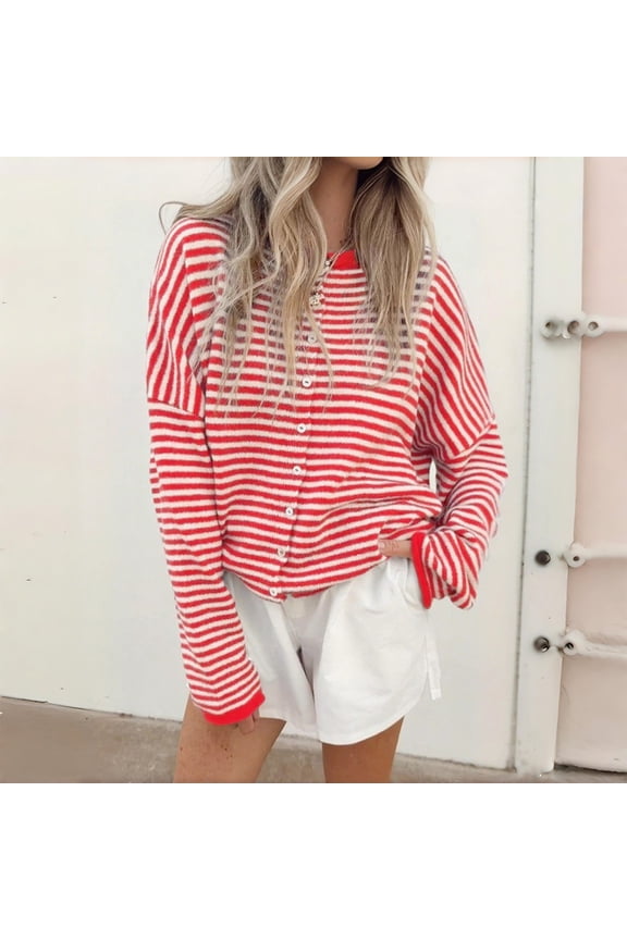 Women's Cardigan Sweater Open Front Crew Neck Striped Casual Wavy Long Sleeves Cropped Knit Sweater Outerwear