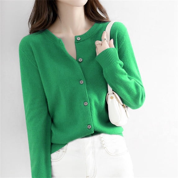 Delayuji Women's Cardigan Sweater Round Neck Sweater Spring Fall Winter Long Sleeve Knitted Solid Color Soft Cardigan Sweater