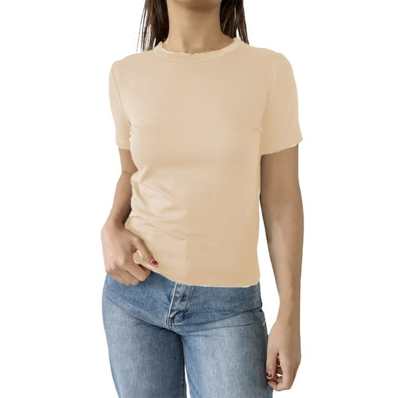 Delayuji Women's Casual Basic Going Out Crop Tops Slim Fit Short Sleeve Crew Neck Tight T Shirts Brown M Polyester-Cotton Blend Short Sleeve Shirts for Women