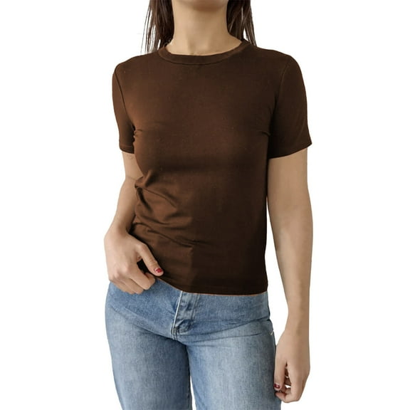 Delayuji Women's Casual Basic Going Out Crop Tops Slim Fit Short Sleeve Crew Neck Tight T Shirts Brown Xl Polyester-Cotton Blend Short Sleeve Shirts for Women