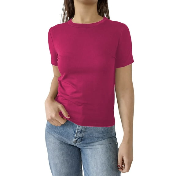 Delayuji Women's Casual Basic Going Out Crop Tops Slim Fit Short Sleeve Crew Neck Tight T Shirts Pink Xxl Polyester-Cotton Blend Short Sleeve Shirts for Women