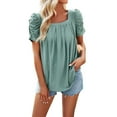 thumbnail image 1 of Delayuji Women's Casual Bubble Sleeved Square Neck Pleated Short Sleeved T Shirt Top Green S Nylon,Spandex Short Sleeve Shirts for Women, 1 of 9