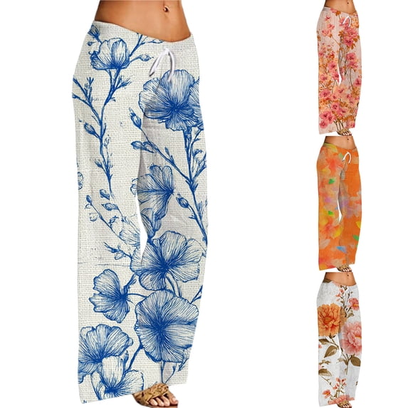 Delayuji Women's Casual Pant Wide Leg Pants Floral Print Elastic Waist Summer Thin Pants Beach Vacation