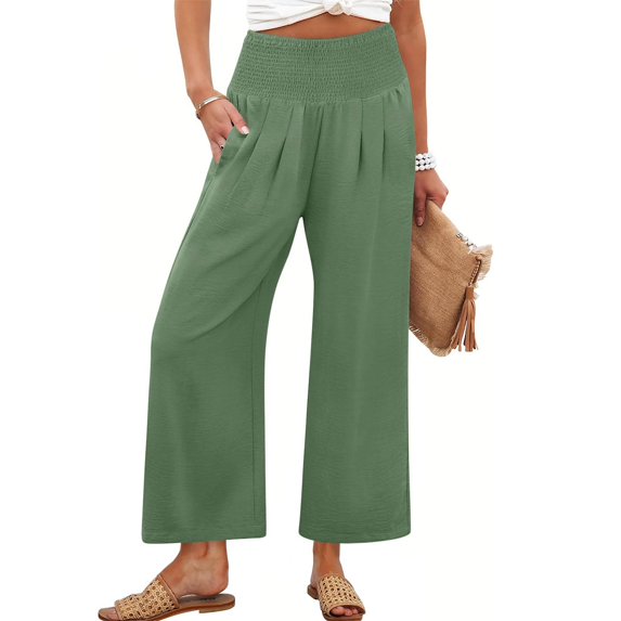 Delayuji Women's Casual Pants Solid Color Cropped Pants High Waisted Straight Leg Pants Wrinkled Style Elastic Beach Pants Spring Summer