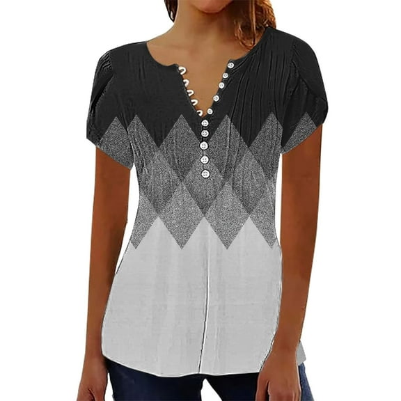 Delayuji Women's Casual Pleated Round Neck Cardigan Short Sleeve Loose T Shirt Shirt Summer Top Gray Xxxl Polyester,Spandex Short Sleeve Shirts for Women